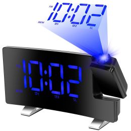 Projection Alarm Clock with Radio Function 7.7In Curved-Screen LED Digital Alarm Clock w/ Dual Alarms 4 Dimmer 12/24 Hour (Light Color: Blue)