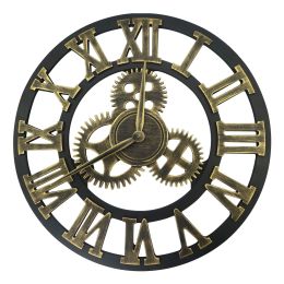 Large Gear Wall Clock Roman Numbers 3D Big Dial Wooden Industrial Steampunk Retro Outdoor Garden Decor; 12"/16"/23" (Color: Gold, size: 16"(Diameter))